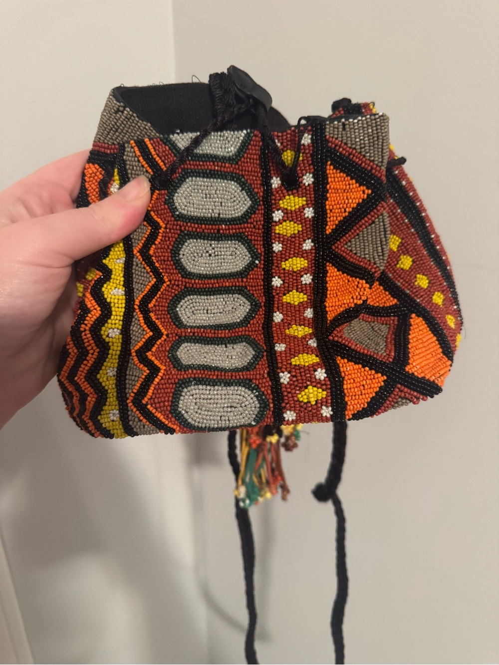 Zara Basic Beaded Tassel Mochila Bucket Crossbody Bag Boho